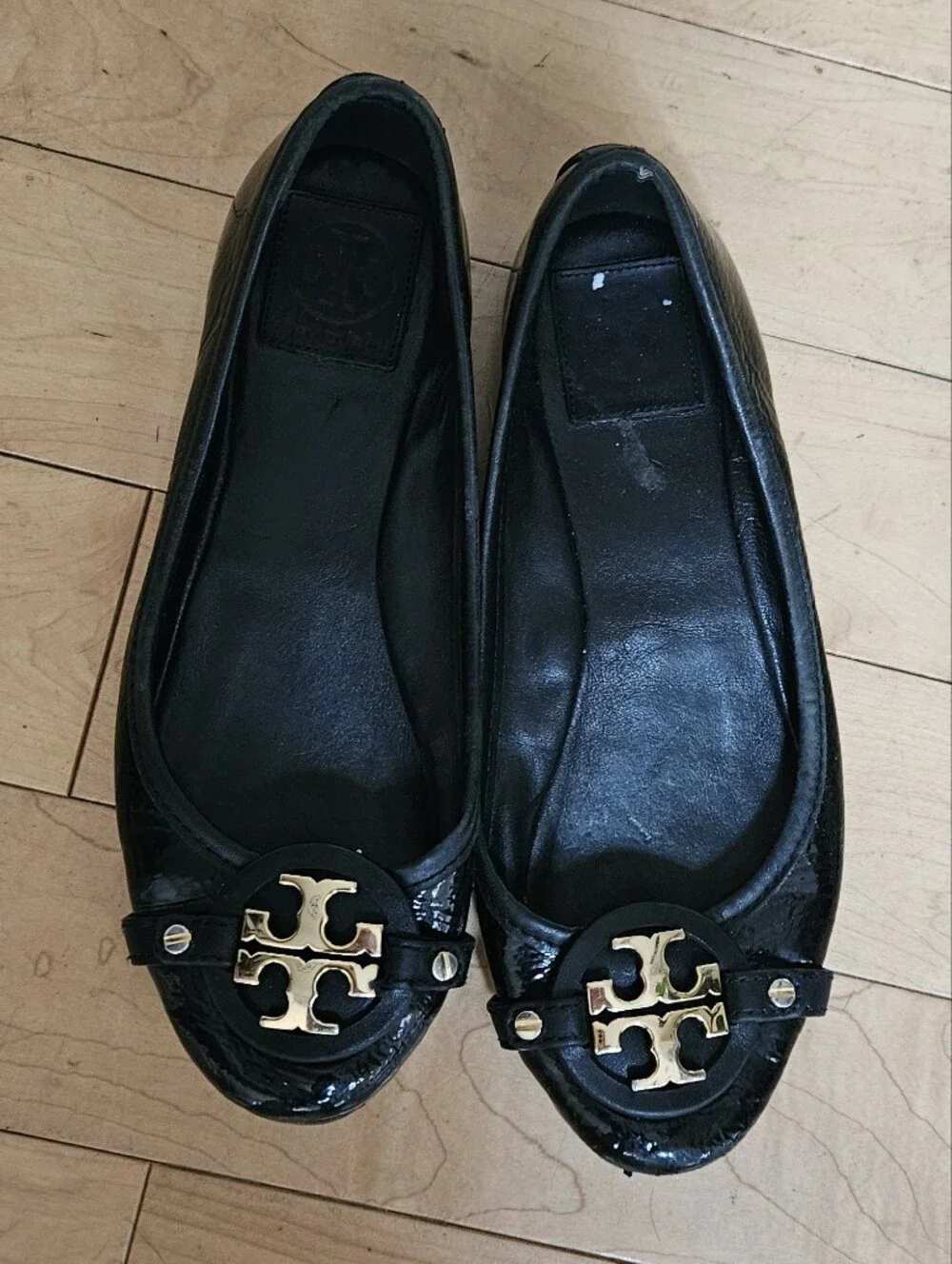 Tory Burch Black Patent Leather Logo Flats with Gold Emblem